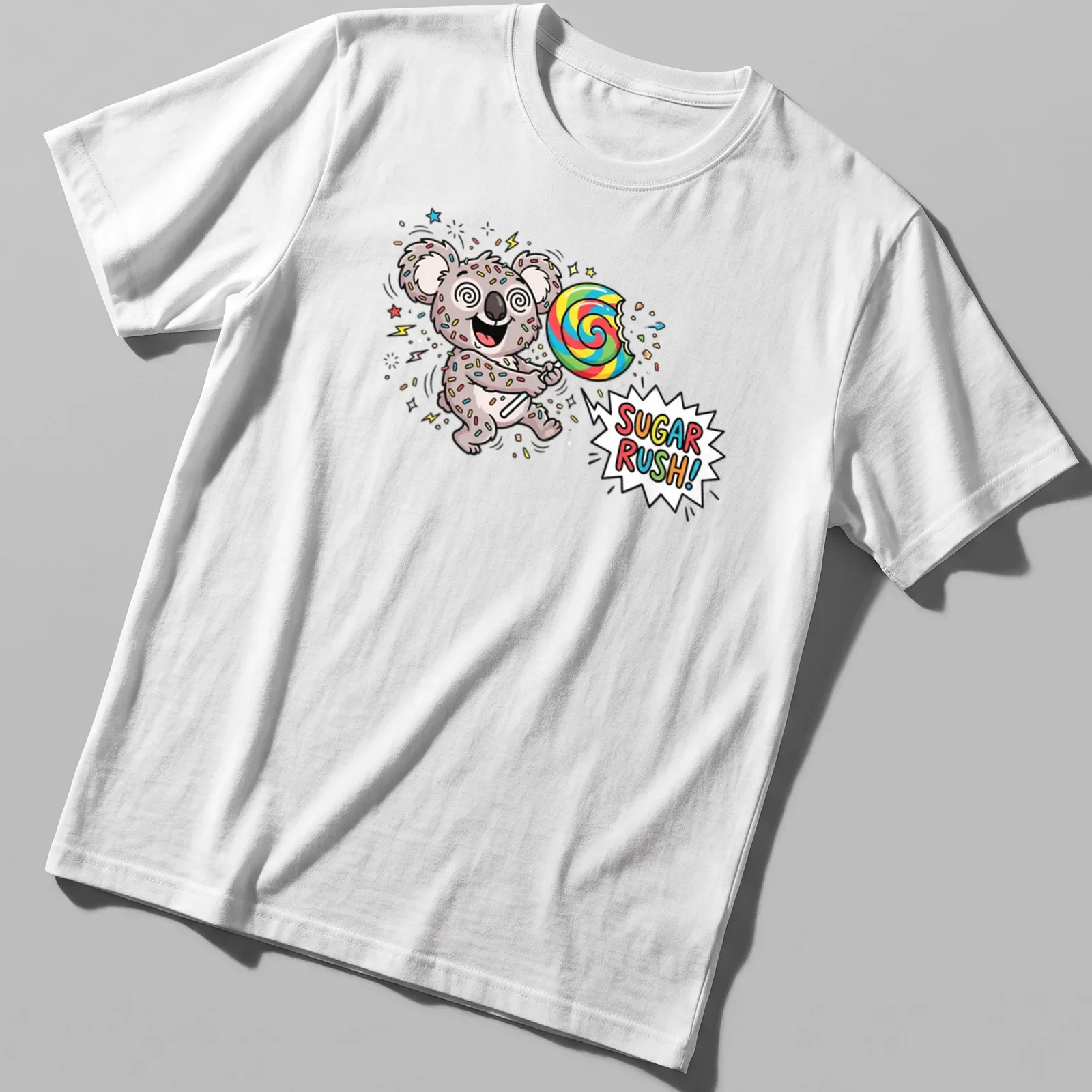 Cartoon koala holding a giant lollipop with colorful graphics and the text SUGAR RUSH! — printed on a unisex t-shirt