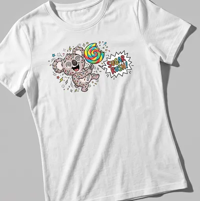 Cartoon koala holding a giant lollipop with colorful graphics and the text SUGAR RUSH! — printed on a women's shirt
