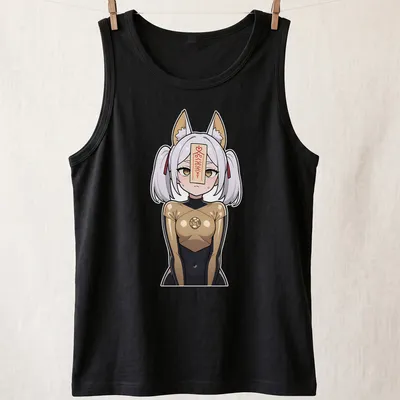 Anime-style print of a fox shrine maiden with the text '神社の狐' in black and gold — printed on a tank top