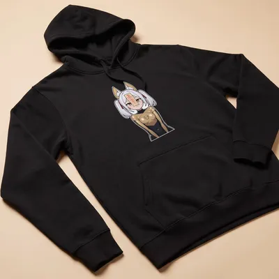 Anime-style print of a fox shrine maiden with the text '神社の狐' in black and gold — printed on a unisex hoodie