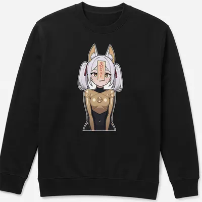 Anime-style print of a fox shrine maiden with the text '神社の狐' in black and gold — printed on a unisex sweatshirt