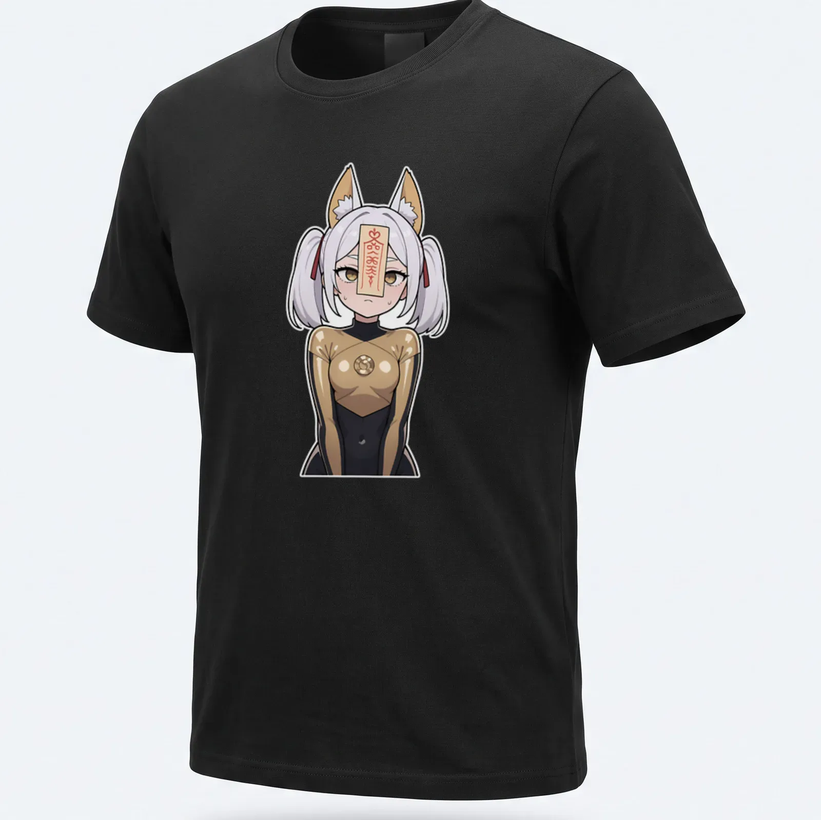 Anime-style print of a fox shrine maiden with the text '神社の狐' in black and gold — printed on a unisex t-shirt