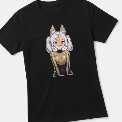 Anime-style print of a fox shrine maiden with the text '神社の狐' in black and gold — printed on a women's shirt