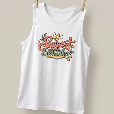 Whimsical hand-lettered Support Each Other quote with floral elements in pink, green, and yellow — printed on a tank top