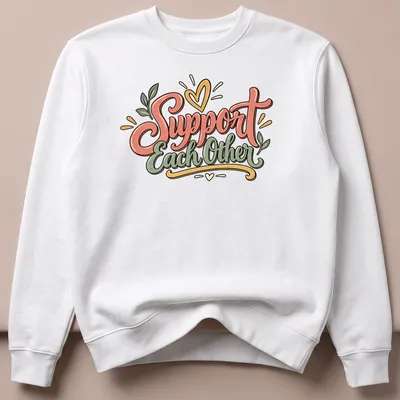 Whimsical hand-lettered Support Each Other quote with floral elements in pink, green, and yellow — printed on a unisex sweatshirt