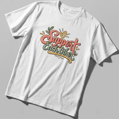 Whimsical hand-lettered Support Each Other quote with floral elements in pink, green, and yellow