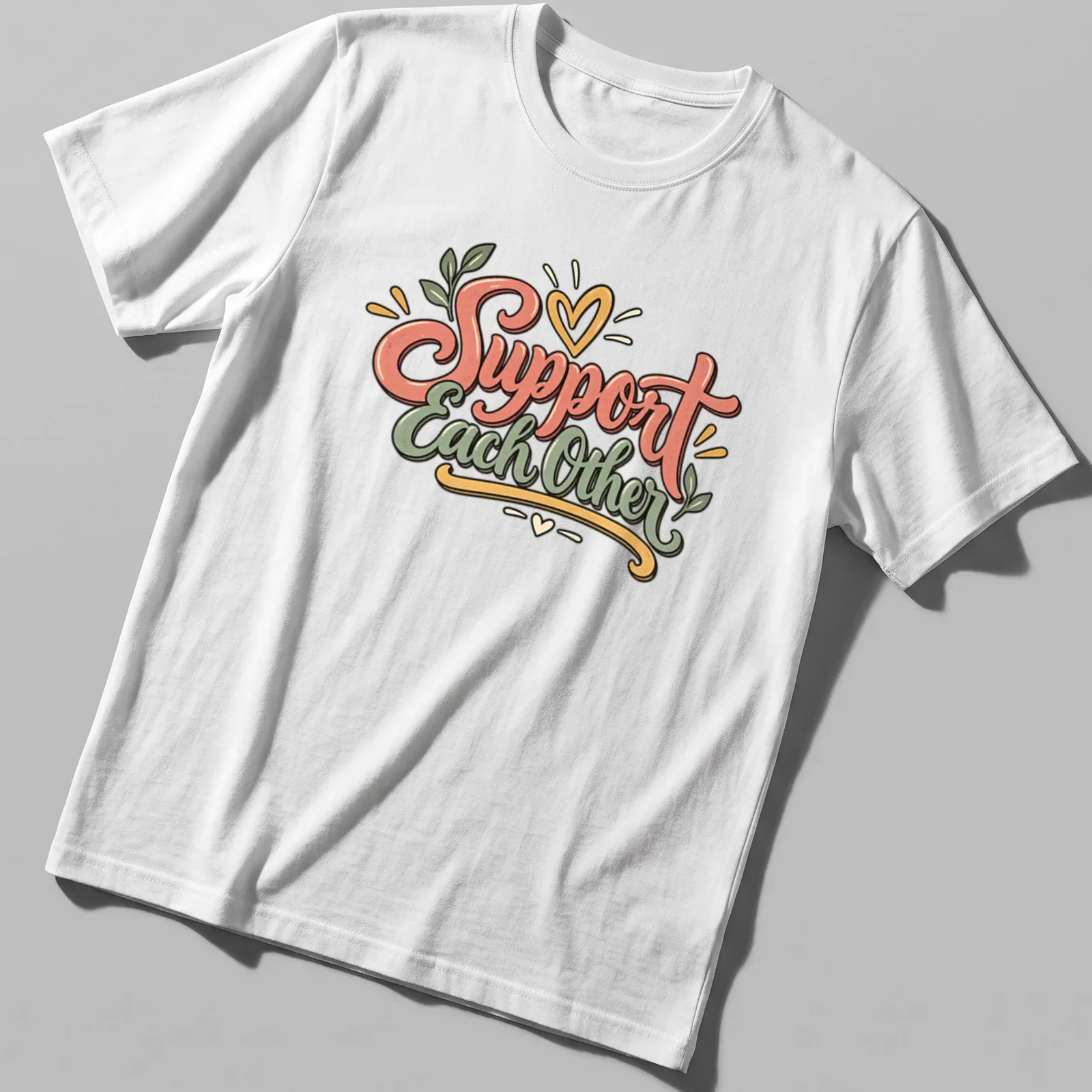 Whimsical hand-lettered Support Each Other quote with floral elements in pink, green, and yellow — printed on a unisex t-shirt