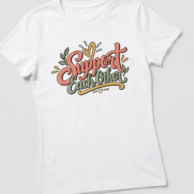 Whimsical hand-lettered Support Each Other quote with floral elements in pink, green, and yellow — printed on a women's shirt