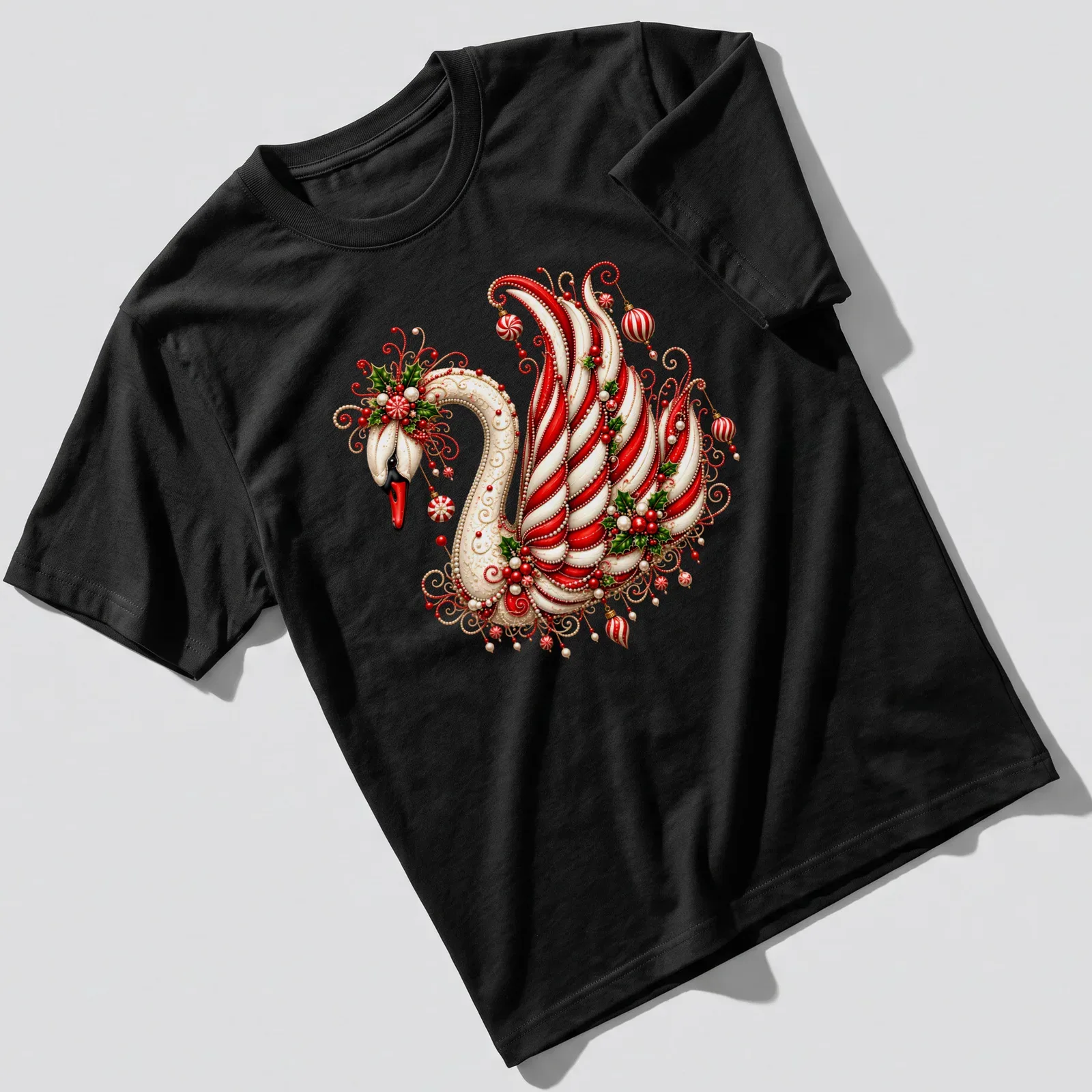 Ornate swan in festive colors for a Merry Christmas — printed on a unisex t-shirt