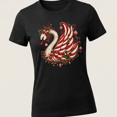 Ornate swan in festive colors for a Merry Christmas — printed on a women's shirt