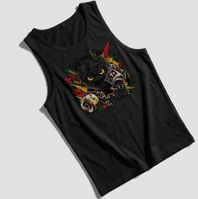 Punk critter with yellow eyes and chain in vibrant art style with T+ text — printed on a tank top