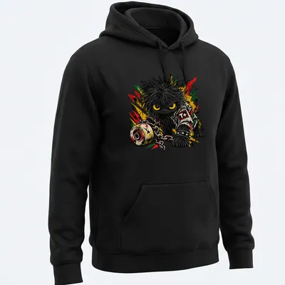 Punk critter with yellow eyes and chain in vibrant art style with T+ text — printed on a unisex hoodie