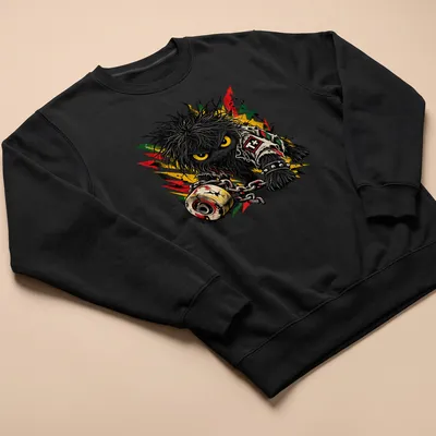 Punk critter with yellow eyes and chain in vibrant art style with T+ text — printed on a unisex sweatshirt