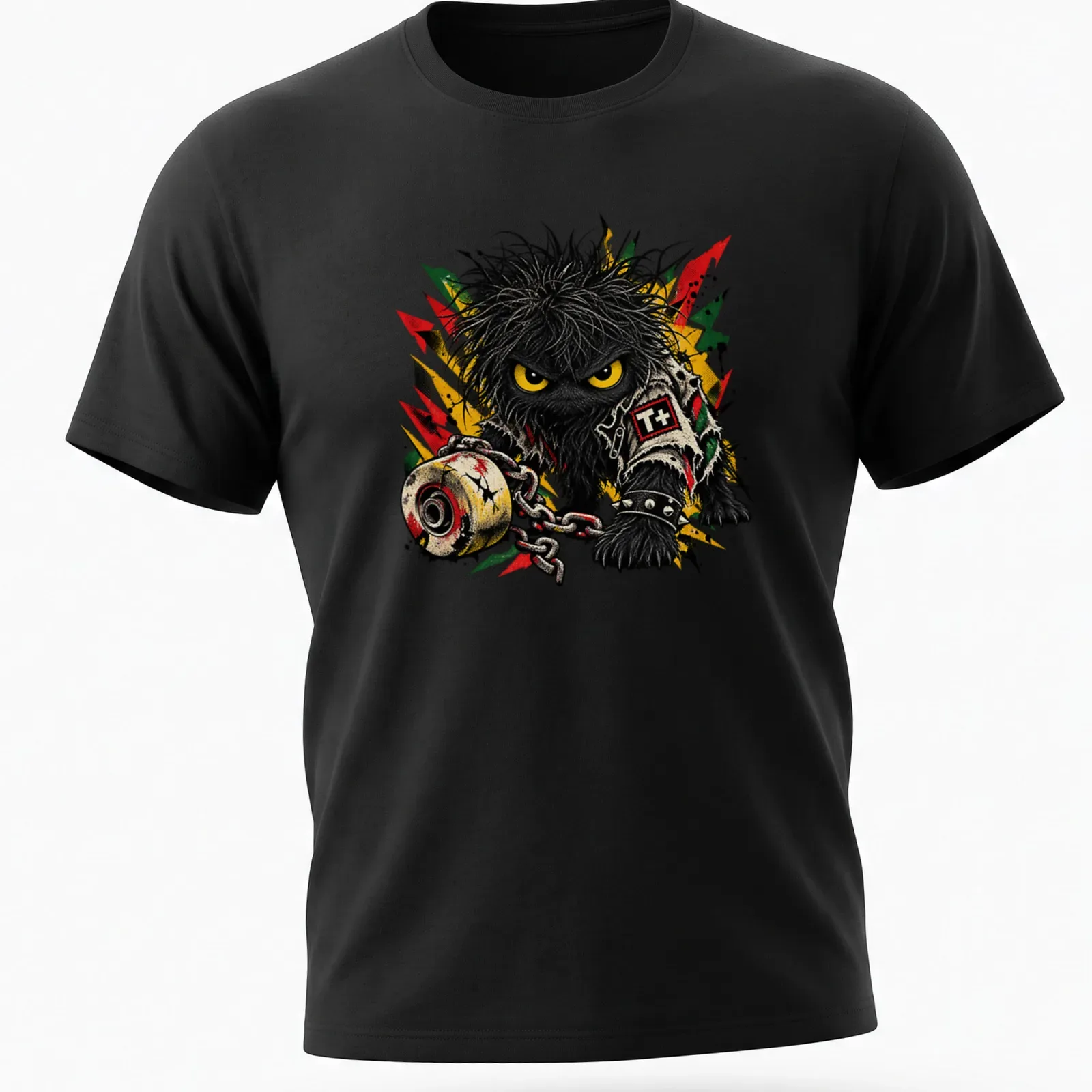 Punk critter with yellow eyes and chain in vibrant art style with T+ text — printed on a unisex t-shirt