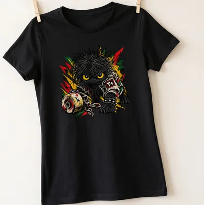 Punk critter with yellow eyes and chain in vibrant art style with T+ text — printed on a women's shirt
