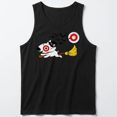 Cartoon of a dog on a broomstick in a witch's hat for Halloween — printed on a tank top
