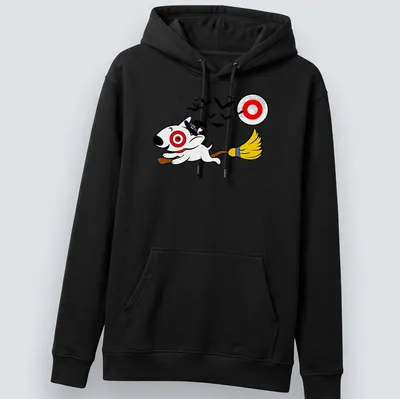 Cartoon of a dog on a broomstick in a witch's hat for Halloween — printed on a unisex hoodie