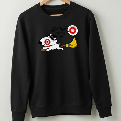 Cartoon of a dog on a broomstick in a witch's hat for Halloween — printed on a unisex sweatshirt