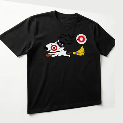 Cartoon of a dog on a broomstick in a witch's hat for Halloween — printed on a unisex t-shirt (angled view)