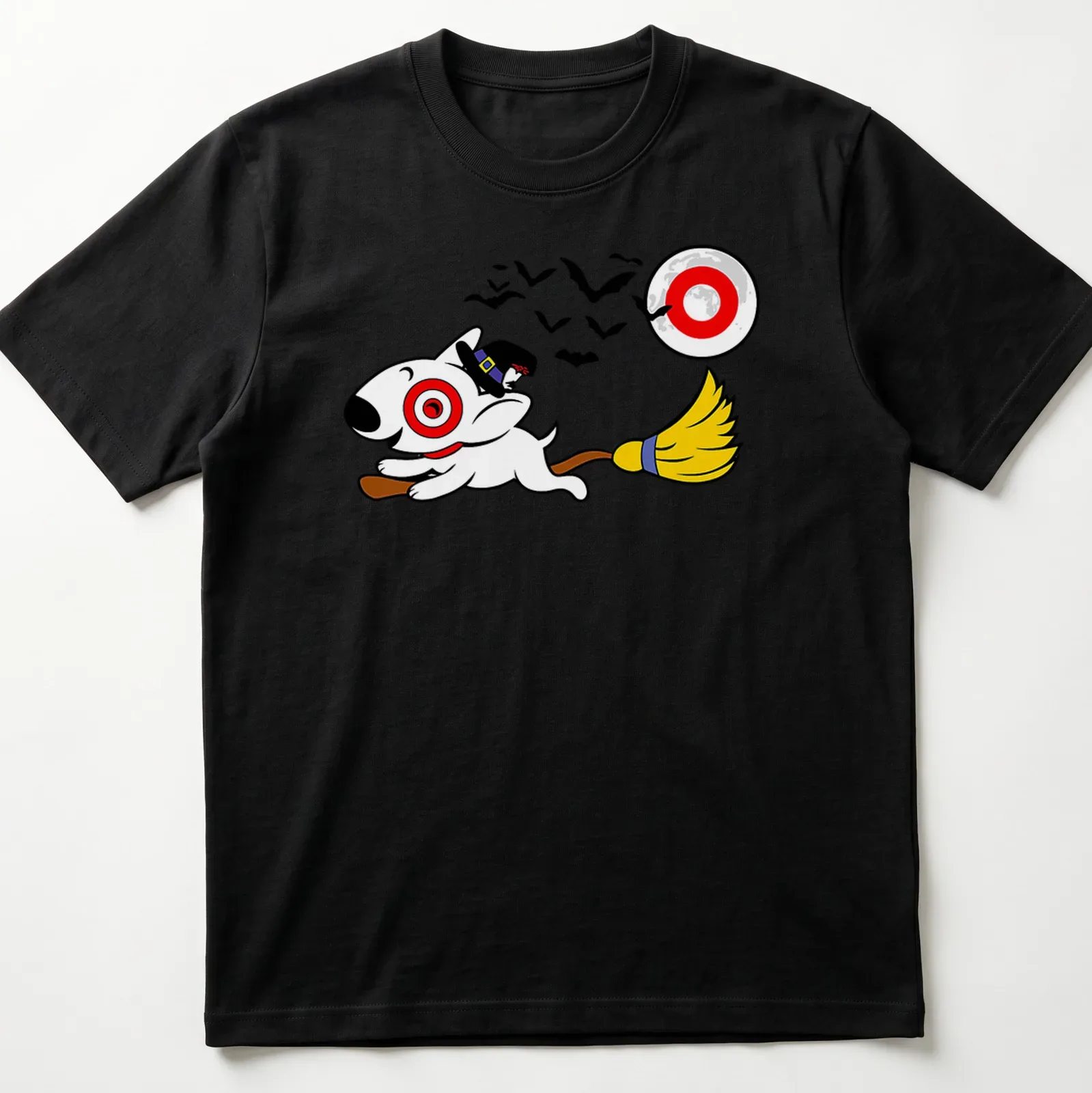 Cartoon of a dog on a broomstick in a witch's hat for Halloween — printed on a unisex t-shirt