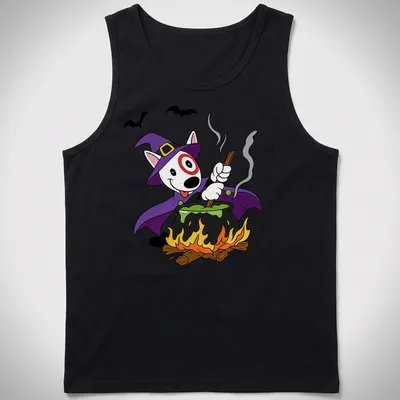 Cartoon dog in witch hat stirring a cauldron for Halloween — printed on a tank top
