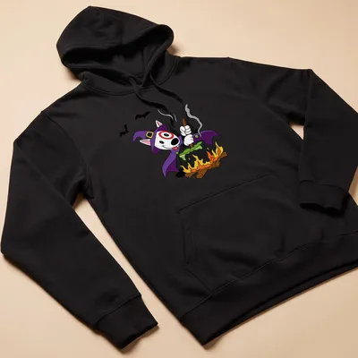 Cartoon dog in witch hat stirring a cauldron for Halloween — printed on a unisex hoodie