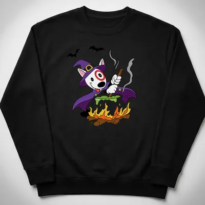 Cartoon dog in witch hat stirring a cauldron for Halloween — printed on a unisex sweatshirt
