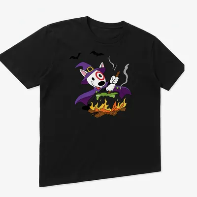 Cartoon dog in witch hat stirring a cauldron for Halloween — printed on a unisex t-shirt (angled view)
