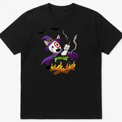 Cartoon dog in witch hat stirring a cauldron for Halloween