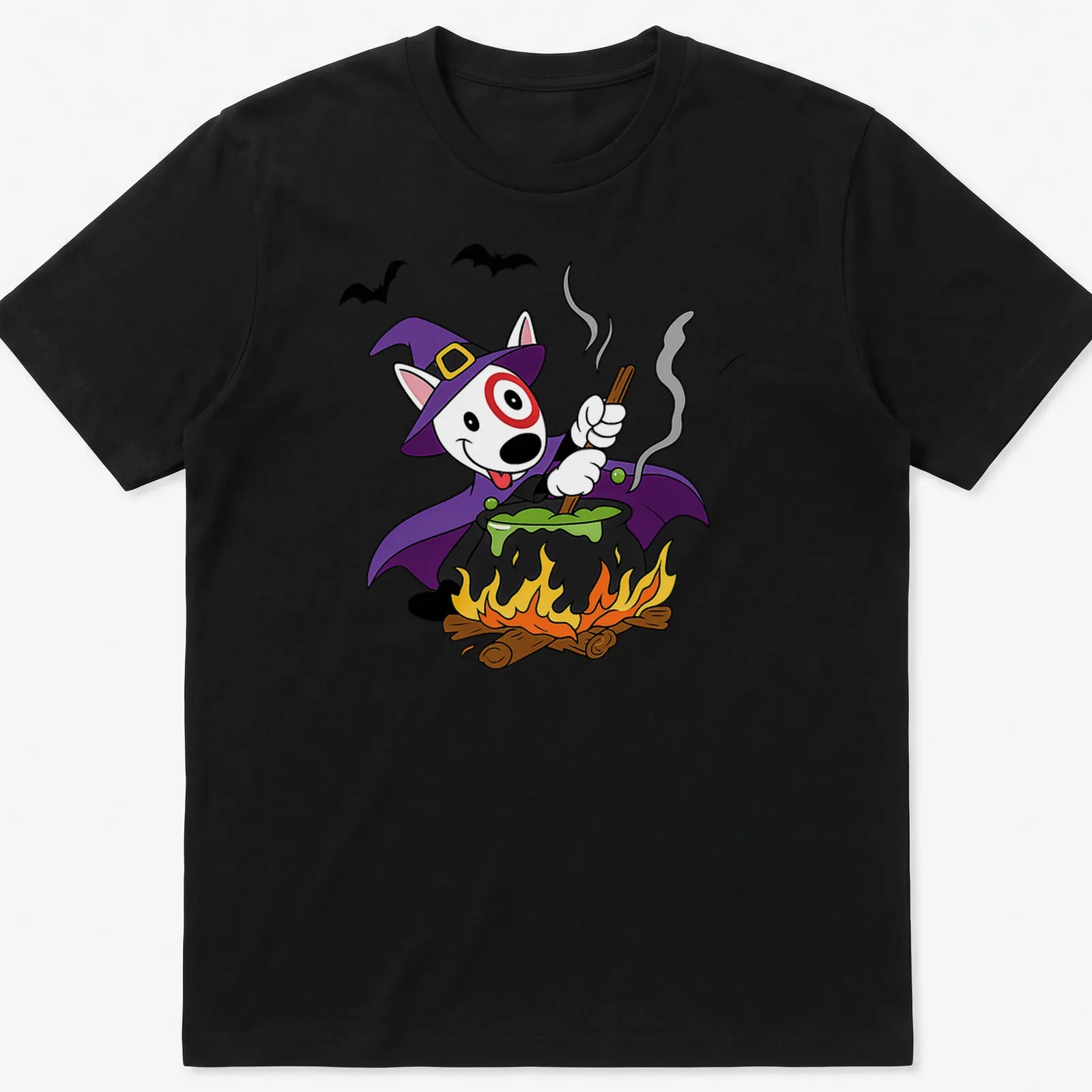 Cartoon dog in witch hat stirring a cauldron for Halloween — printed on a unisex t-shirt