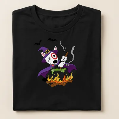 Cartoon dog in witch hat stirring a cauldron for Halloween — printed on a women's shirt