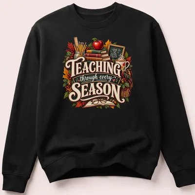 Illustration of teacher supplies with autumn colors and text about seasons — printed on a unisex sweatshirt