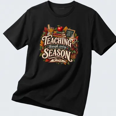 Illustration of teacher supplies with autumn colors and text about seasons