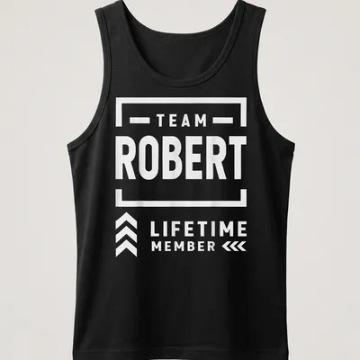 Bold Team Robert Lifetime Member t-shirt with modern typography in black and white — printed on a tank top