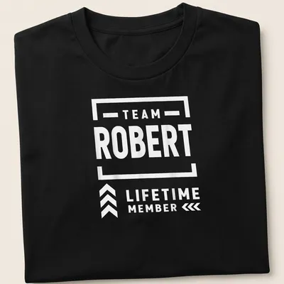 Bold Team Robert Lifetime Member t-shirt with modern typography in black and white