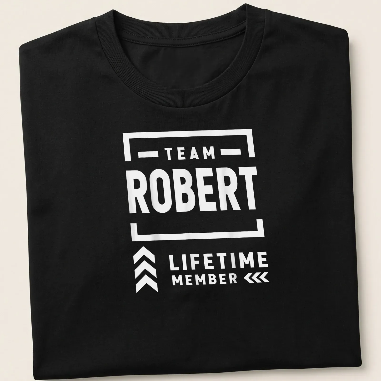 Bold Team Robert Lifetime Member t-shirt with modern typography in black and white — printed on a unisex t-shirt