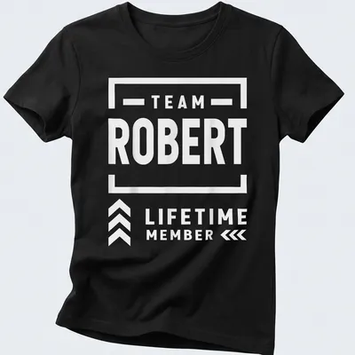 Bold Team Robert Lifetime Member t-shirt with modern typography in black and white — printed on a women's shirt