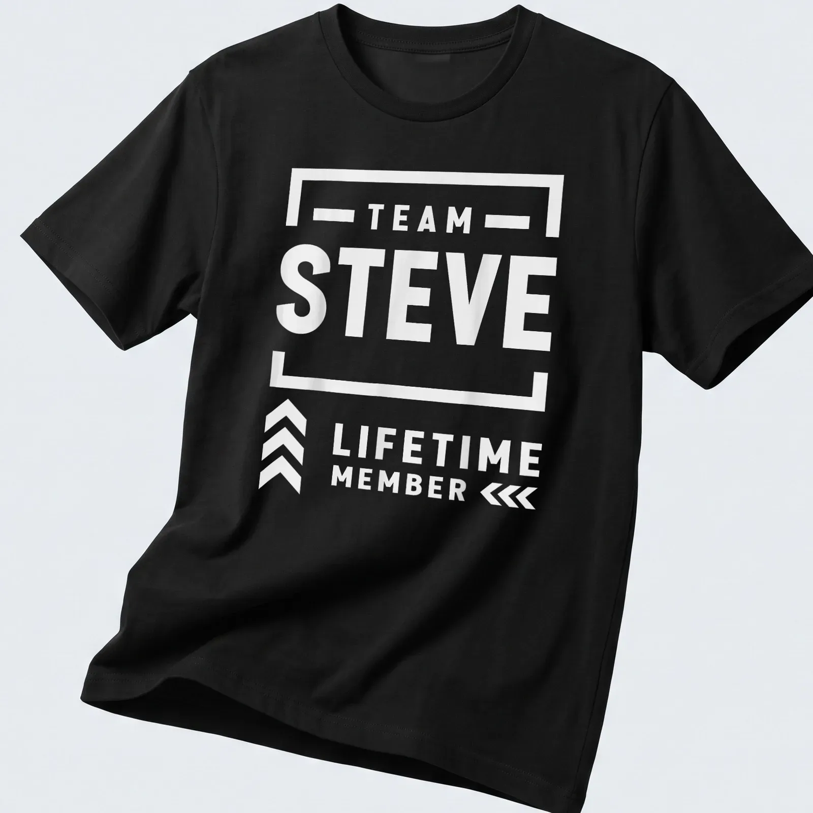 Bold typography Team Steve Lifetime Member t-shirt in black on white — printed on a unisex t-shirt