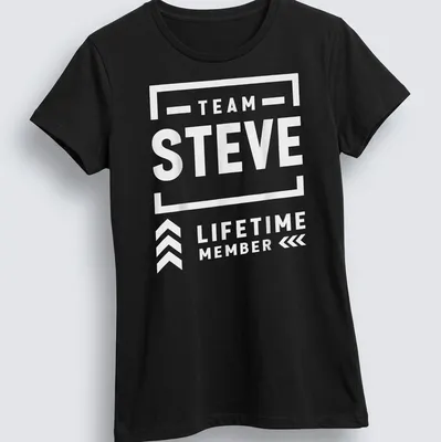 Bold typography Team Steve Lifetime Member t-shirt in black on white — printed on a women's shirt