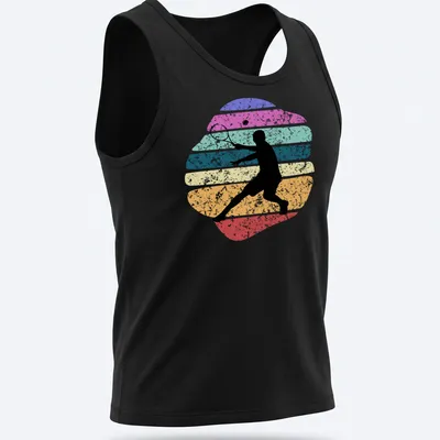Retro distressed tennis player silhouette with colorful stripes — printed on a tank top