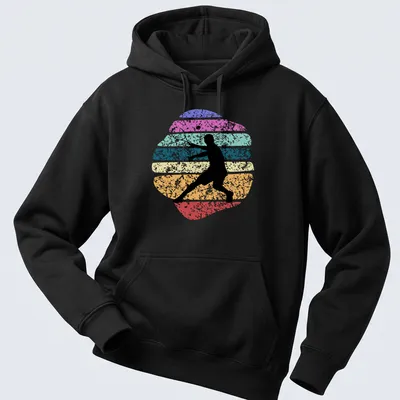 Retro distressed tennis player silhouette with colorful stripes — printed on a unisex hoodie