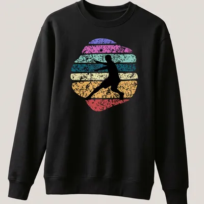 Retro distressed tennis player silhouette with colorful stripes — printed on a unisex sweatshirt