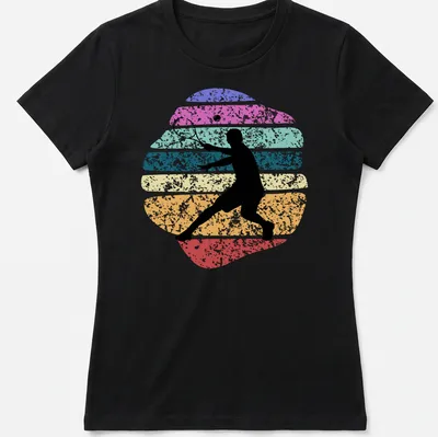 Retro distressed tennis player silhouette with colorful stripes — printed on a women's shirt