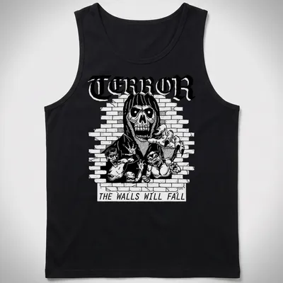 Skeleton with long hair and reaching hands in black and white illustration — printed on a tank top