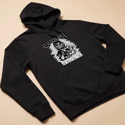 Skeleton with long hair and reaching hands in black and white illustration — printed on a unisex hoodie