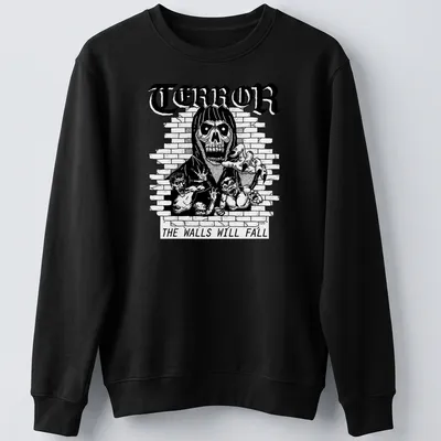 Skeleton with long hair and reaching hands in black and white illustration — printed on a unisex sweatshirt