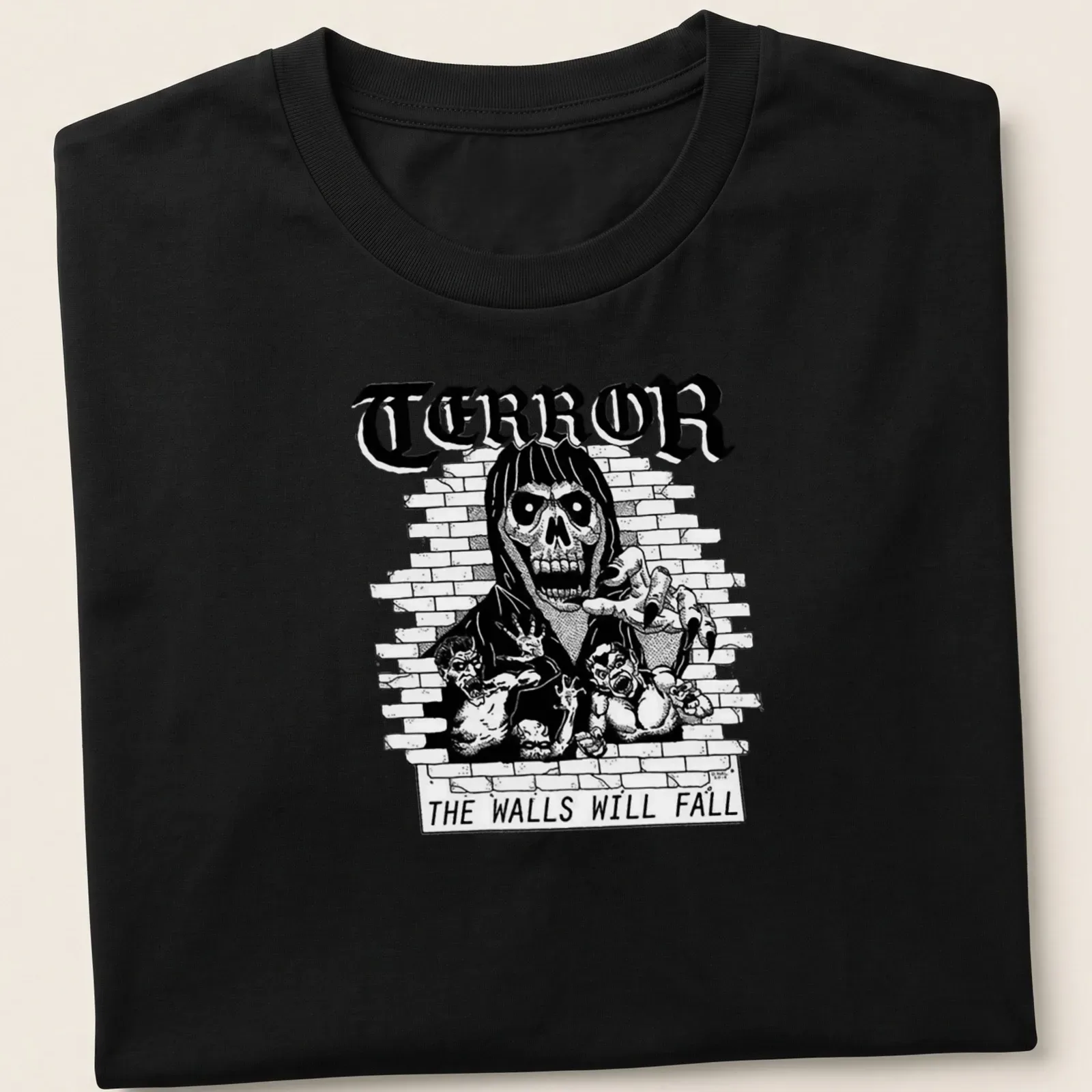 Skeleton with long hair and reaching hands in black and white illustration — printed on a unisex t-shirt
