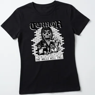 Skeleton with long hair and reaching hands in black and white illustration — printed on a women's shirt