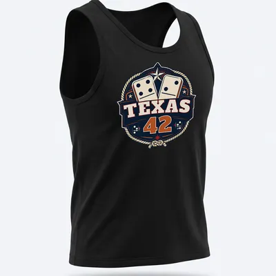 Vintage badge style Texas 42 Dominoes t-shirt in navy, cream, red, and gold — printed on a tank top
