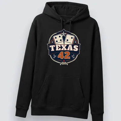 Vintage badge style Texas 42 Dominoes t-shirt in navy, cream, red, and gold — printed on a unisex hoodie